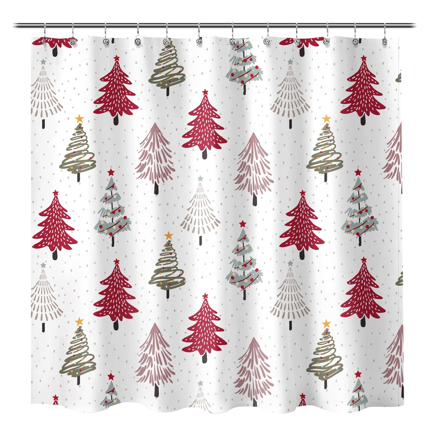 Sunlit Christmas Shower Curtain, Red and Gray Xmas Trees with Stars and Snow Pattern Shower Curtain for Bathroom Decor, 71x71 Inch