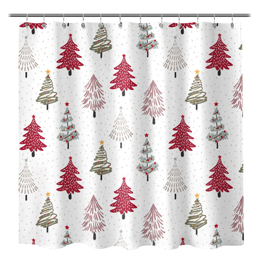 Sunlit Christmas Shower Curtain, Red and Gray Xmas Trees with Stars and Snow Pattern Shower Curtain for Bathroom Decor, 71x71 Inch