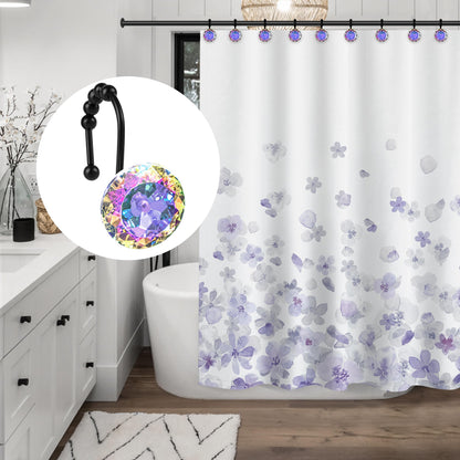 Sunlit Luxury Design Round Clear Diamond Crystal Gem Bling with Glide Balls Double Shower Curtain Hooks, Rust Proof Metal Rhinestones Glam Shower Curtain Rings-12 Pack