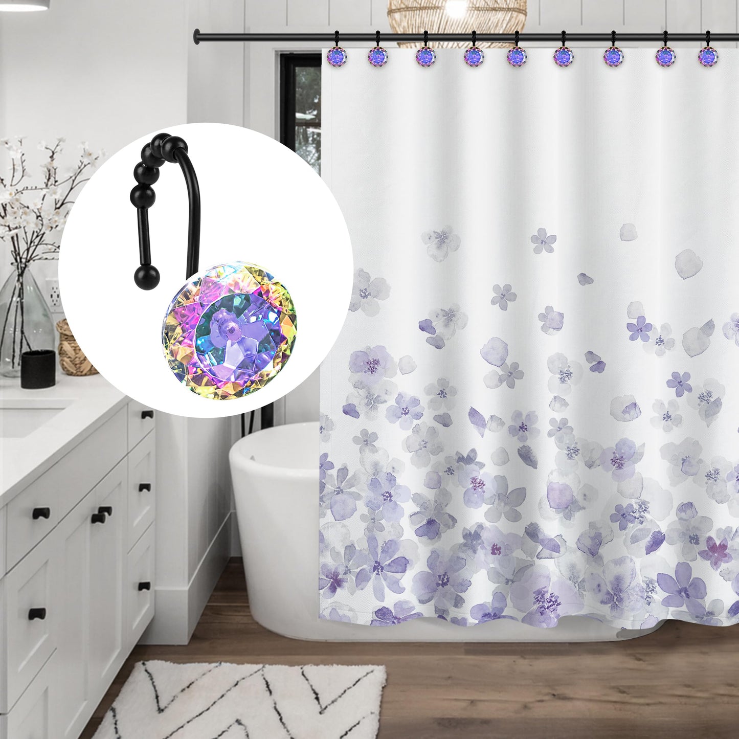 Sunlit Luxury Design Round Yellow Diamond Crystal Gem Bling with Glide Balls Shower Curtain Hooks, Rust Proof Metal Rhinestones Glam Shower Curtain Rings-12 Pack