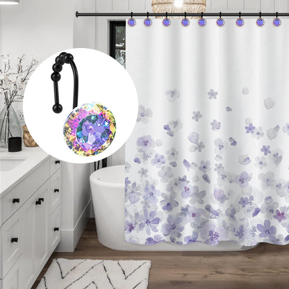 Sunlit Luxury Design Round Yellow Diamond Crystal Gem Bling with Glide Balls Shower Curtain Hooks, Rust Proof Metal Rhinestones Glam Shower Curtain Rings-12 Pack