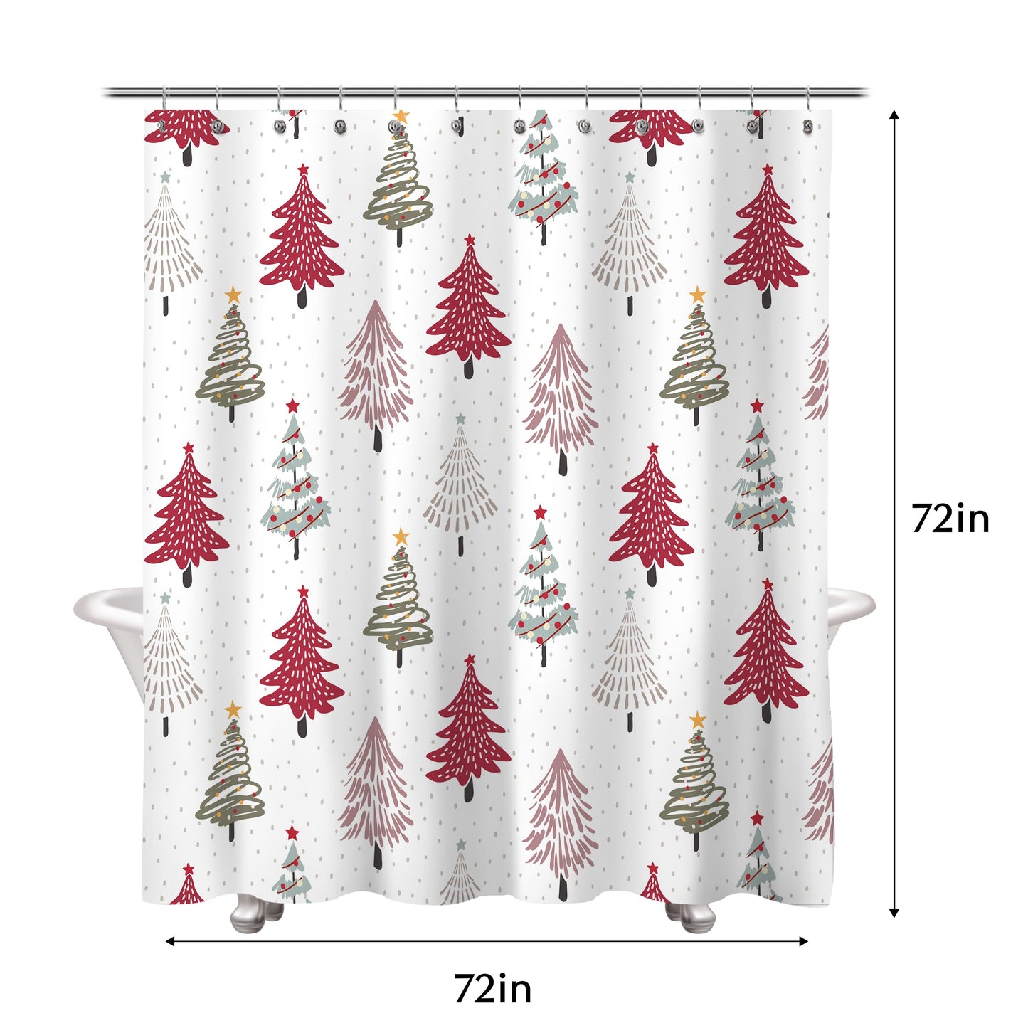 Sunlit Christmas Shower Curtain, Red and Gray Xmas Trees with Stars and Snow Pattern Shower Curtain for Bathroom Decor, 71x71 Inch