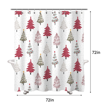 Sunlit Christmas Shower Curtain, Red and Gray Xmas Trees with Stars and Snow Pattern Shower Curtain for Bathroom Decor, 71x71 Inch