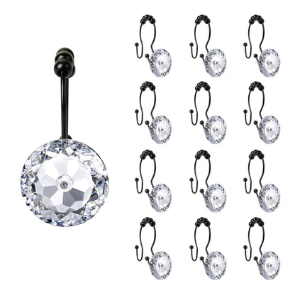 Sunlit Luxury Design Round Clear Diamond Crystal Gem Bling with Glide Balls Double Shower Curtain Hooks, Rust Proof Metal Rhinestones Glam Shower Curtain Rings-12 Pack