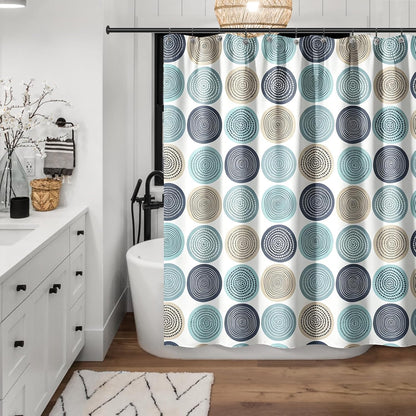 Sunlit Abstract Tree Rings Woody Artistic Fabric Shower Curtain. Nature Pale Blue Teal Beige Light Brown