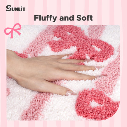 Sunlit Cute Bow Bathroom Rugs 32x20, Coquette Pink Bow Rug for Bedroom, Extra Soft Super Absorbent Bath Mat Quick Dry, Shaggy Bath Rug Non-Slip Washable Bathroom Floor Mat, Pink Stripe