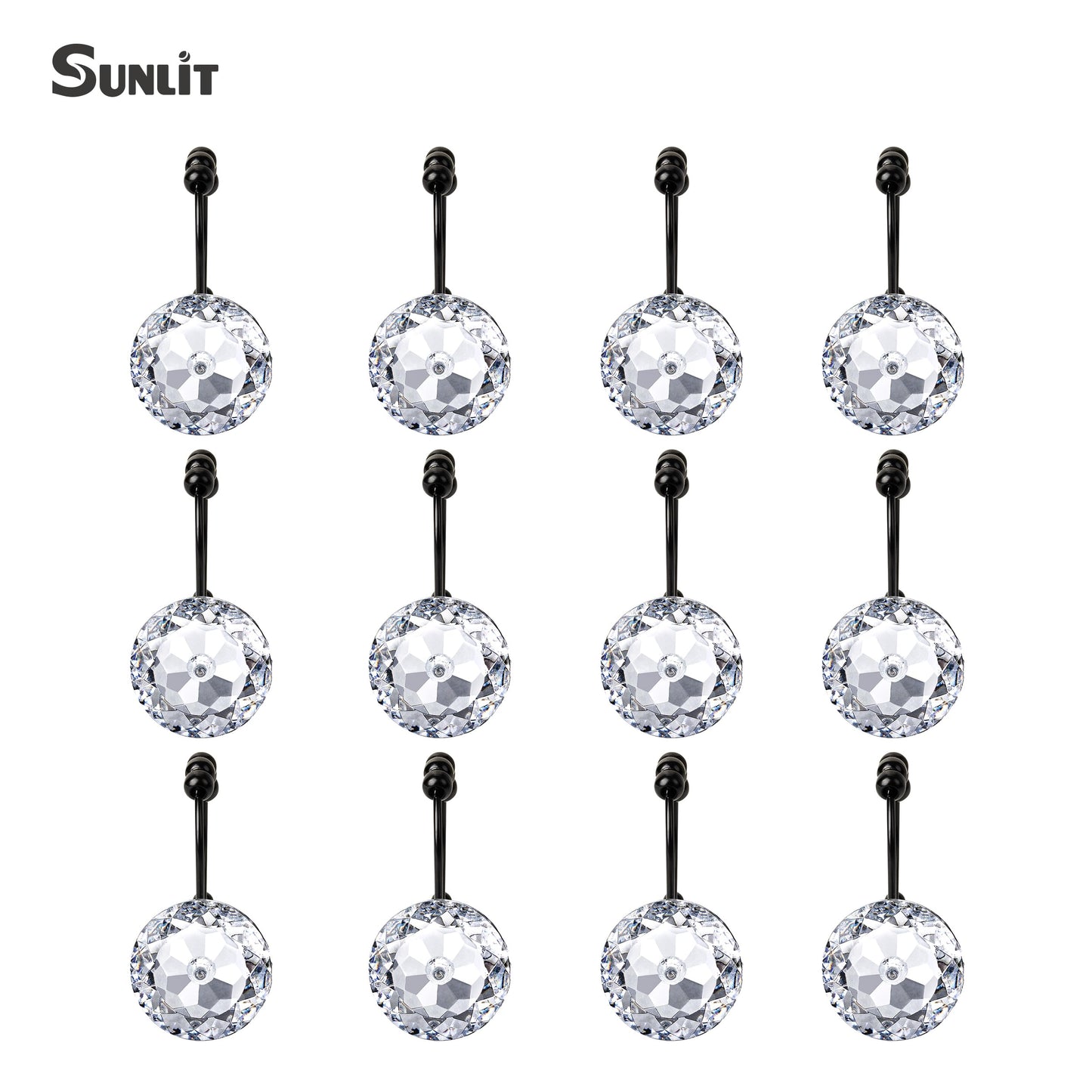 Sunlit Luxury Design Round Clear Diamond Crystal Gem Bling with Glide Balls Double Shower Curtain Hooks, Rust Proof Metal Rhinestones Glam Shower Curtain Rings-12 Pack