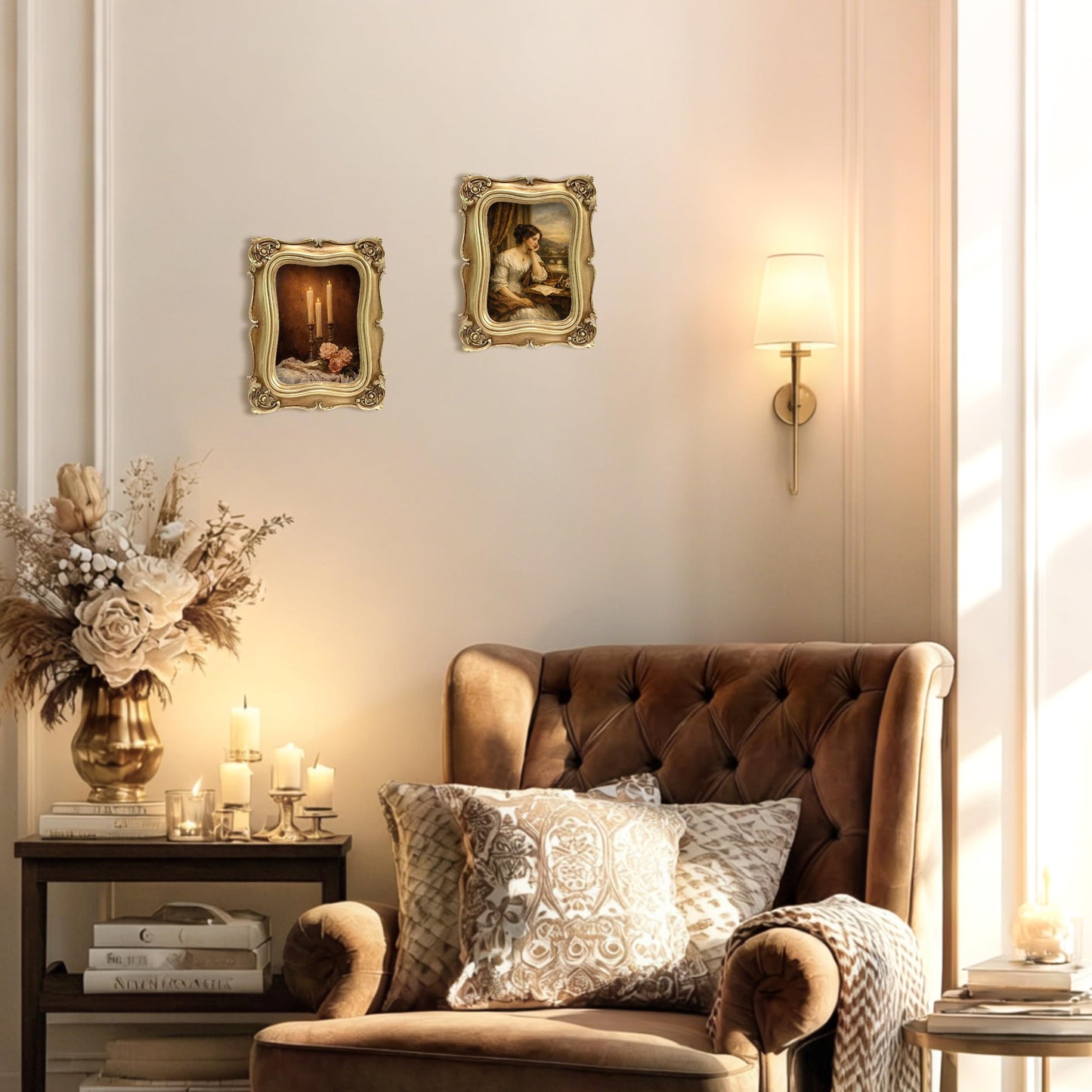 Sunlit Vintage Picture Frame 5x7 Inch Set of 2, Luxury Antique Photo Frames with Glass Front, Photo Display, Tabletop Wall Hanging, Gold