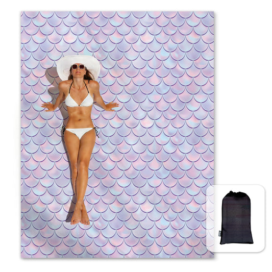Sunlit Silky Soft Sand Proof Beach Blanket 106"x81" / 85"x72" Sand Proof Mat with Corner Pockets and Mesh Bag for Beach Party, Travel, Camping and Outdoor Music Festival,Purple Mermaid Scale