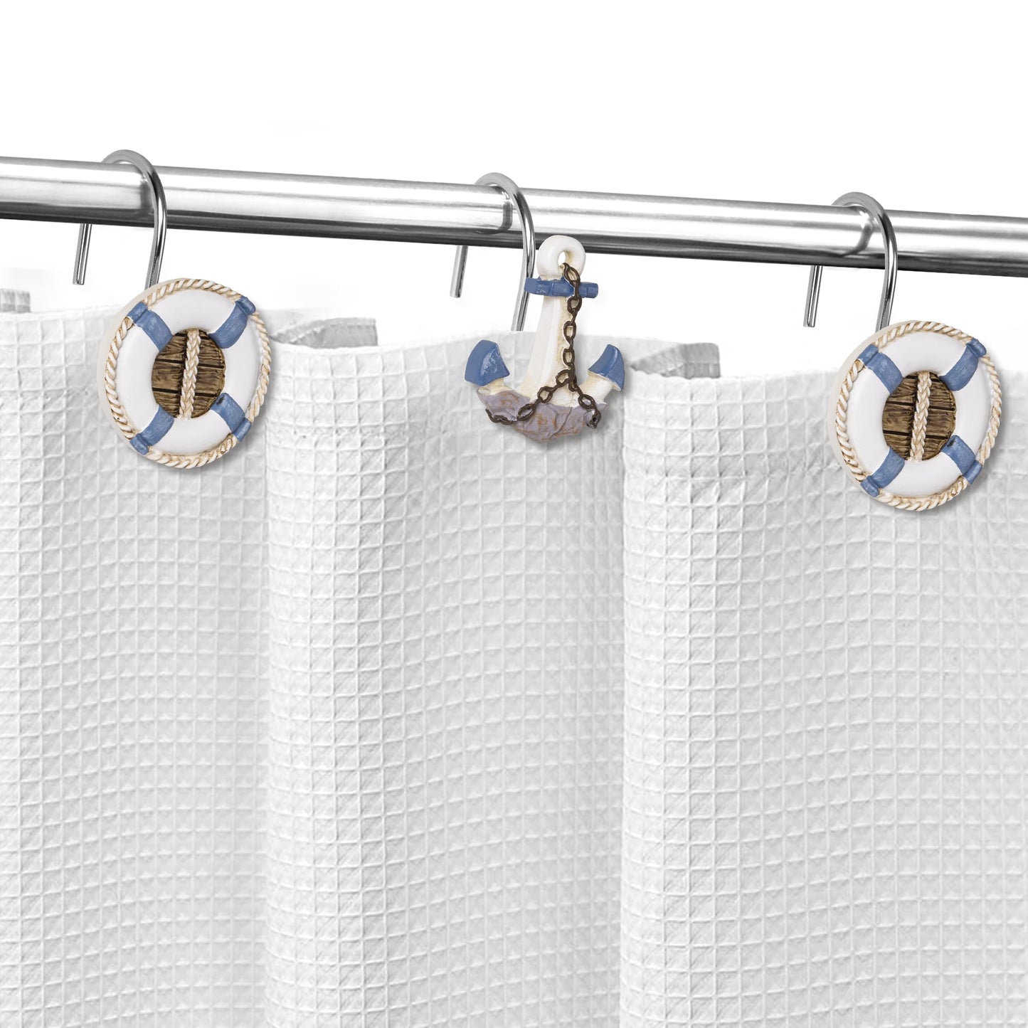 Sunlit Nautical Shower Curtain Hooks, Home Decorative Coastal Shower Curtain Rings for Bathroom, Resin, Ocean Shower Curtain Hanger Hooks for Living Room, Set of 12, Blue Lighthouse Sailboat