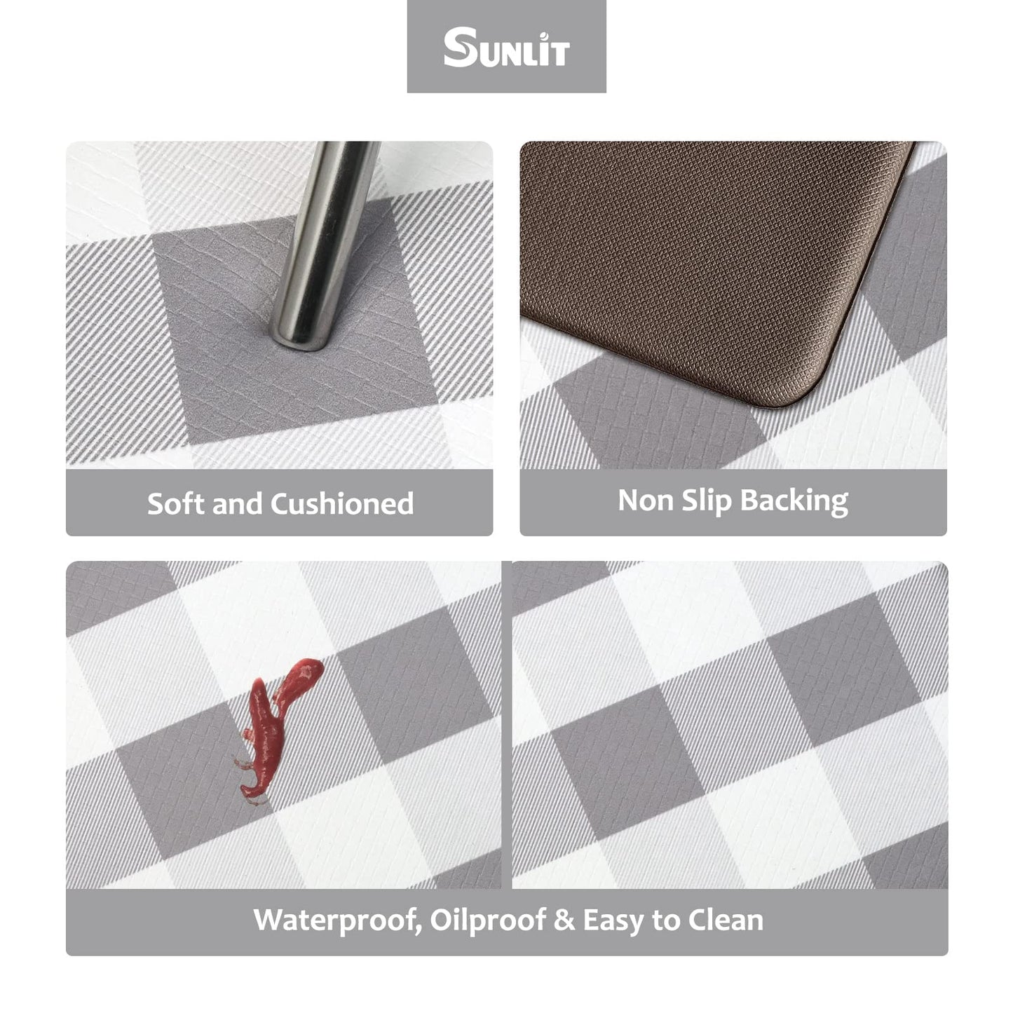 Sunlit Set of 2 Anti Fatigue Kitchen Floor Mat, Non Slip Waterproof Comfort Standing Mat, 0.4 Inch Thick Cushioned Farmhouse Kitchen Rug Runner, White Red Buffalo Check (17"x28"&17"x47")