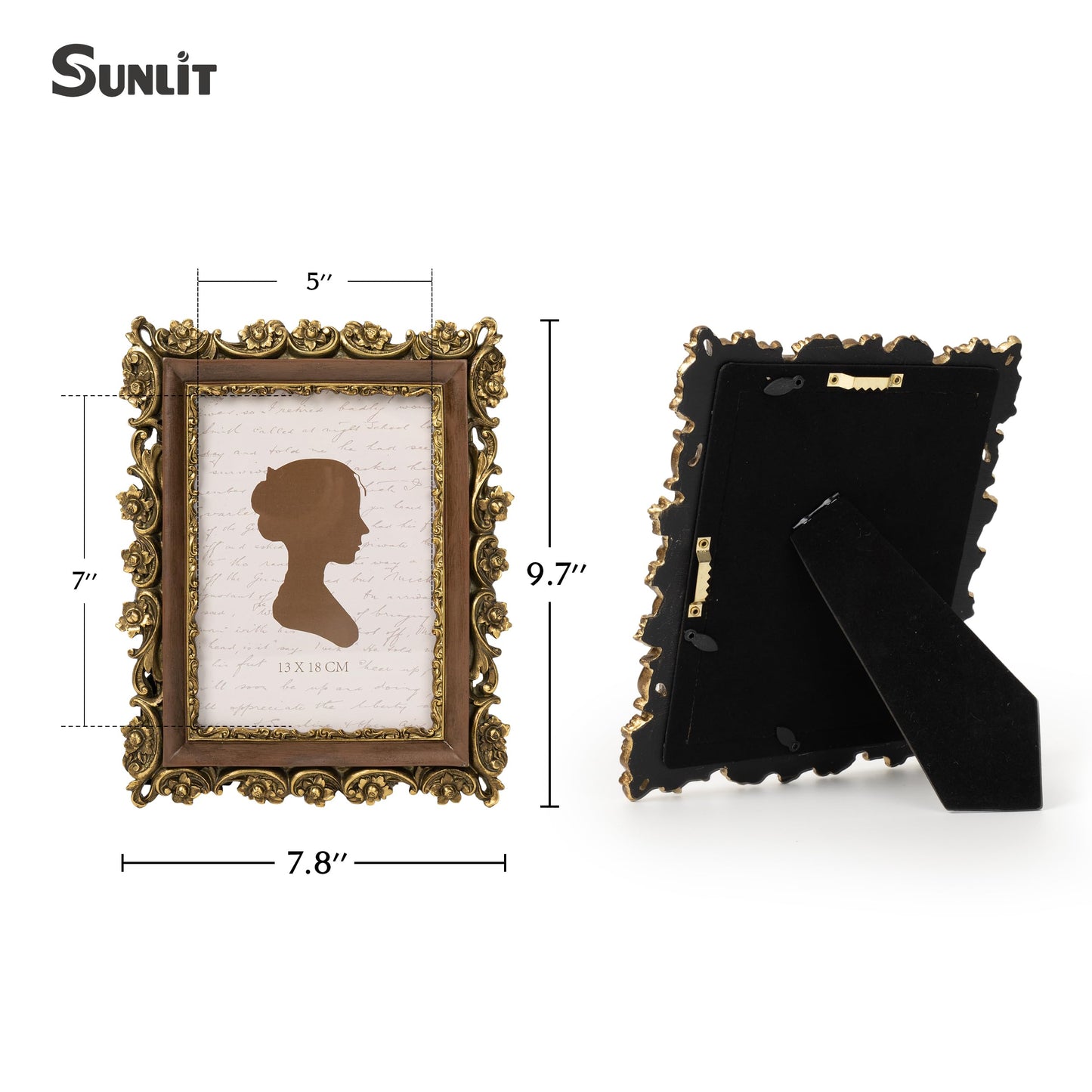 Sunlit Vintage Picture Frame 5x7 Inch, Luxury Antique Photo Frames with Glass Front, Photo Display, Tabletop Wall Hanging, Gift Ideas, Gold and Brown