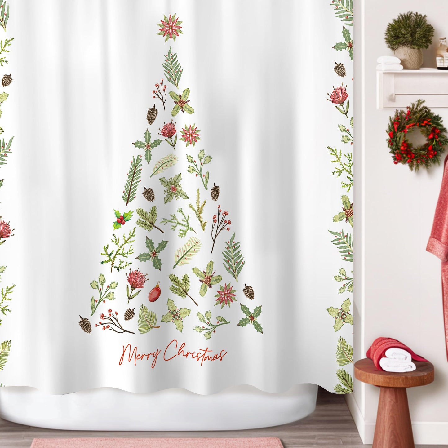 Sunlit Christmas Shower Curtain, Green Xmas Pine Tree with Red Star Ornament Holiday Floral Holly Berries Decorations Festive Bathroom Fabric Shower Curtain, Home Decor Tapestry, 72" x 72"