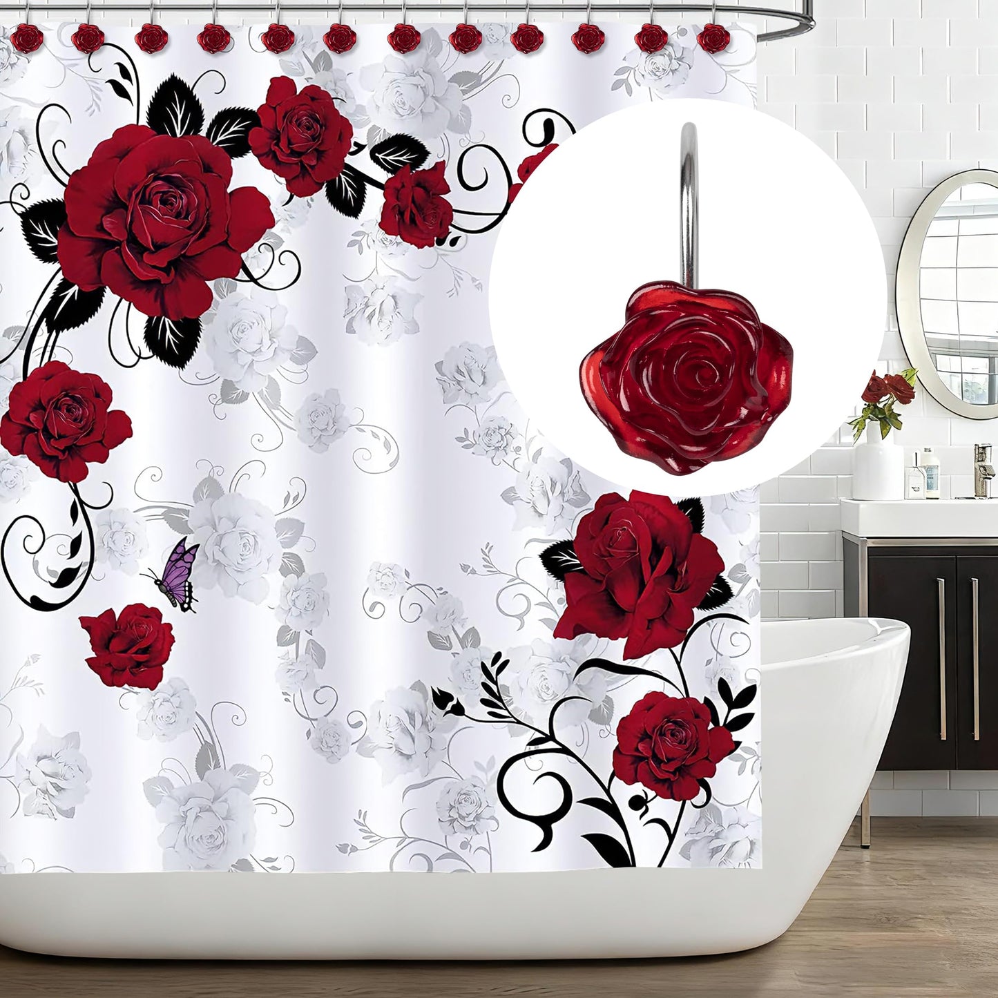 Sunlit Rose Shower Curtain Hooks, Home Decorative Flower Shower Curtain Rings for Bathroom, Resin, Pink Floral Shower Curtain Hanger Hooks for Living Room, Set of 12