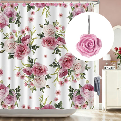 Sunlit Rose Shower Curtain Hooks, Home Decorative Flower Shower Curtain Rings for Bathroom, Resin, Pink Floral Shower Curtain Hanger Hooks for Living Room, Set of 12