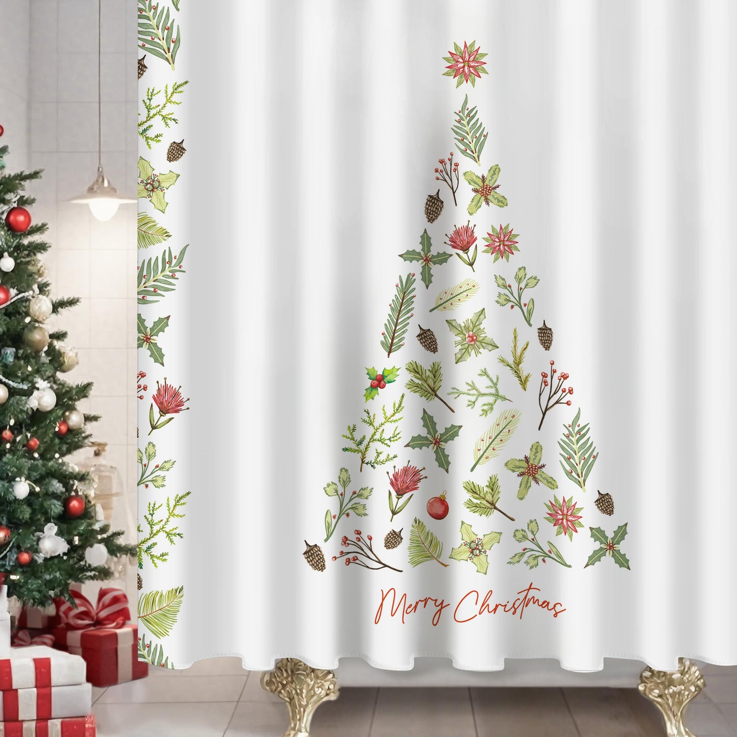 Sunlit Christmas Shower Curtain, Green Xmas Pine Tree with Red Star Ornament Holiday Floral Holly Berries Decorations Festive Bathroom Fabric Shower Curtain, Home Decor Tapestry, 72" x 72"