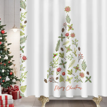 Sunlit Christmas Shower Curtain, Green Xmas Pine Tree with Red Star Ornament Holiday Floral Holly Berries Decorations Festive Bathroom Fabric Shower Curtain, Home Decor Tapestry, 72" x 72"