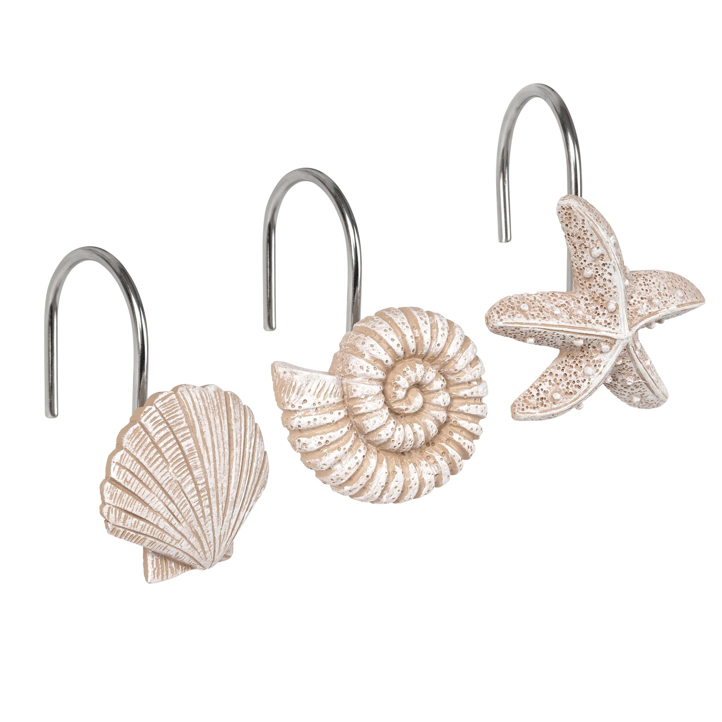 Sunlit Seashells Decorative Shower Curtain Hooks, Scallop Nautilus & Seahorse Shower Curtain Rings, Seashell Blush, Resin, Nautical Bathroom Decoration Beach Shower Curtain Hooks-12 Pack