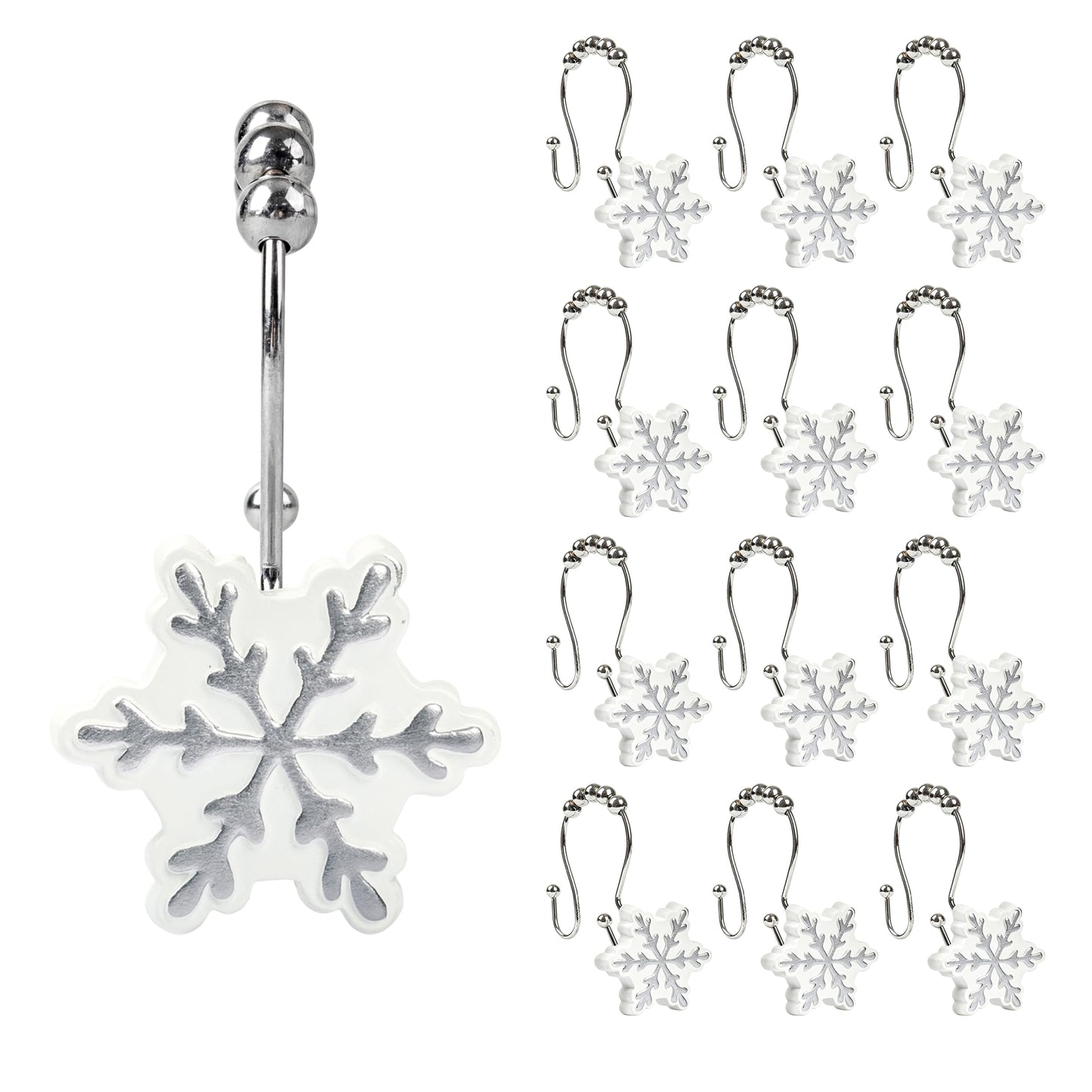 Sunlit Christmas Shower Curtain Hooks Silver Snowflakes Shower Curtain Rings, Resin, White Christmas Decor, Winter Bathroom Decoration - 12 Pack