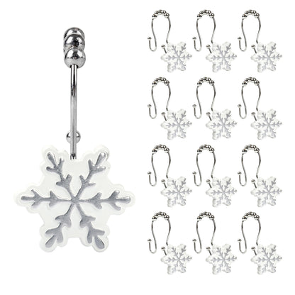 Sunlit Christmas Shower Curtain Hooks Silver Snowflakes Shower Curtain Rings, Resin, White Christmas Decor, Winter Bathroom Decoration - 12 Pack