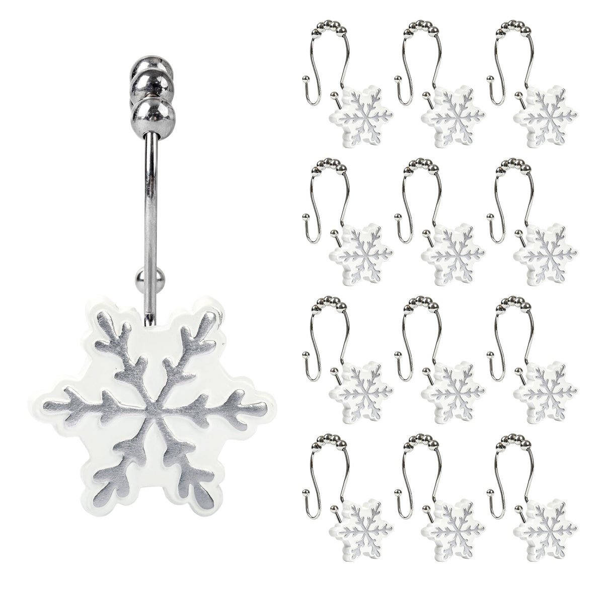 Sunlit Christmas Shower Curtain Hooks Snowflakes Double Shower Curtain Rings, Resin, Red and White Christmas Decor, Winter Bathroom Decoration - 12 Pack