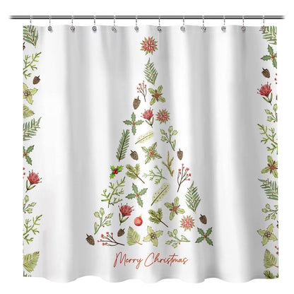 Sunlit Christmas Shower Curtain, Green Xmas Pine Tree with Red Star Ornament Holiday Floral Holly Berries Decorations Festive Bathroom Fabric Shower Curtain, Home Decor Tapestry, 72" x 72"