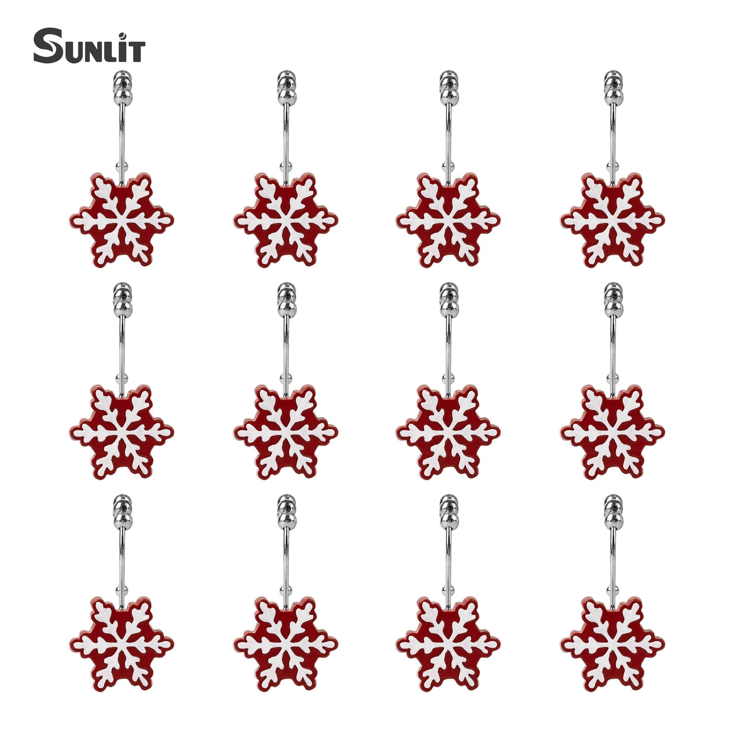 Sunlit Christmas Shower Curtain Hooks Silver Snowflakes Shower Curtain Rings, Resin, White Christmas Decor, Winter Bathroom Decoration - 12 Pack