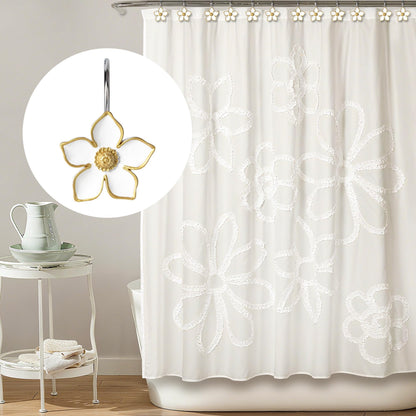Sunlit Flower Shower Curtain Hooks, Home Decorative Shower Curtain Rings for Bathroom, Resin, White with Gold Edges Floral Shower Curtain Hanger Hooks for Living Room, Set of 12