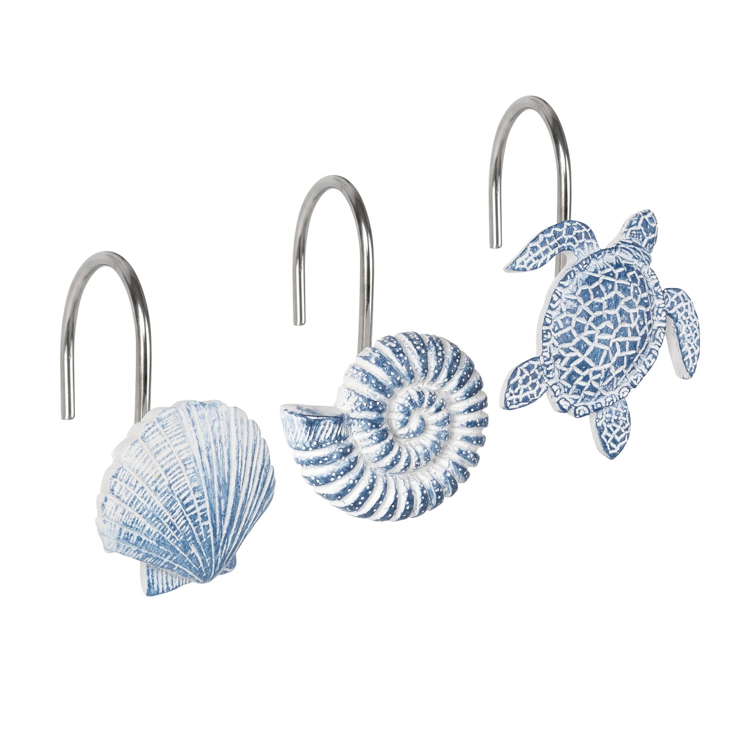 Sunlit Seashells Decorative Shower Curtain Hooks, Blue Scallop Nautilus & Sea Turtle Shower Curtain Rings, Resin, Nautical Bathroom Decoration Beach Shower Curtain Hooks-12 Pack