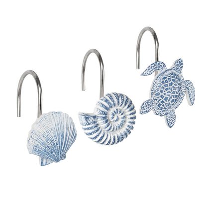 Sunlit Seashells Decorative Shower Curtain Hooks, Blue Scallop Nautilus & Sea Turtle Shower Curtain Rings, Resin, Nautical Bathroom Decoration Beach Shower Curtain Hooks-12 Pack