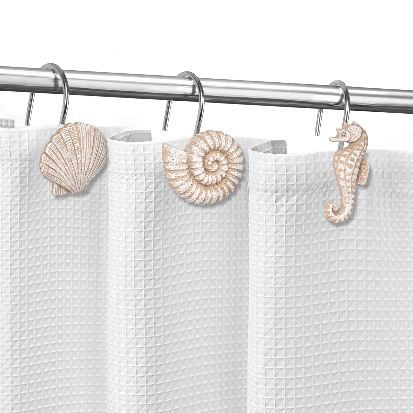 Sunlit Seashells Decorative Shower Curtain Hooks, Scallop Nautilus & Seahorse Shower Curtain Rings, Seashell Blush, Resin, Nautical Bathroom Decoration Beach Shower Curtain Hooks-12 Pack