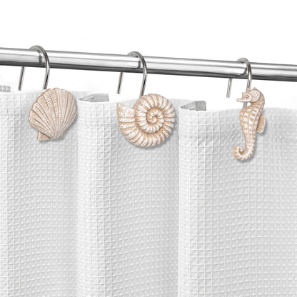 Sunlit Seashells Decorative Shower Curtain Hooks, Scallop Nautilus & Seahorse Shower Curtain Rings, Seashell Blush, Resin, Nautical Bathroom Decoration Beach Shower Curtain Hooks-12 Pack