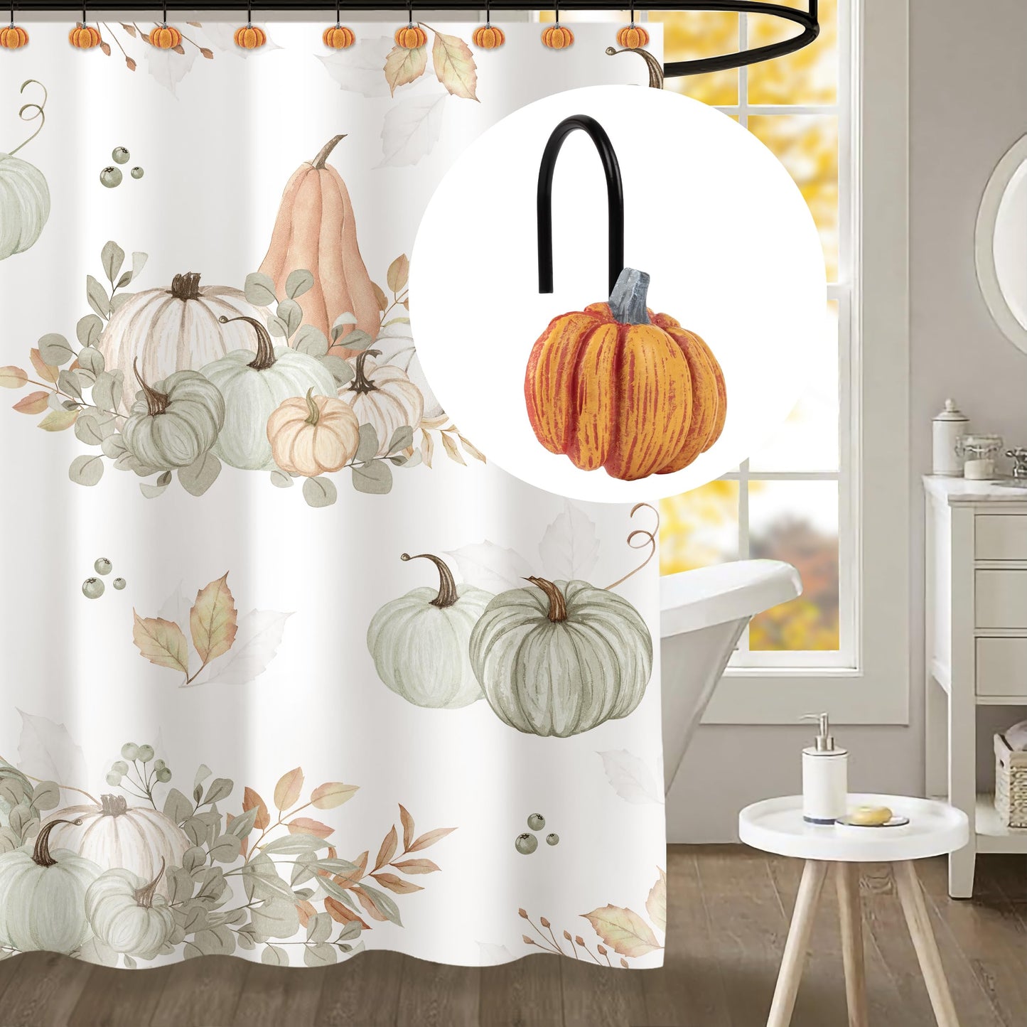 Sunlit Fall Pumpkin Decorative Shower Curtain Hooks, Autumn Harvest Festival Shower Curtain Rings, Resin, Orange Farmhouse Bathroom Curtain Hangers Decoration, Set of 12