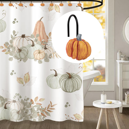 Sunlit Fall Pumpkin Decorative Shower Curtain Hooks, Autumn Harvest Festival Shower Curtain Rings, Resin, Orange Farmhouse Bathroom Curtain Hangers Decoration, Set of 12