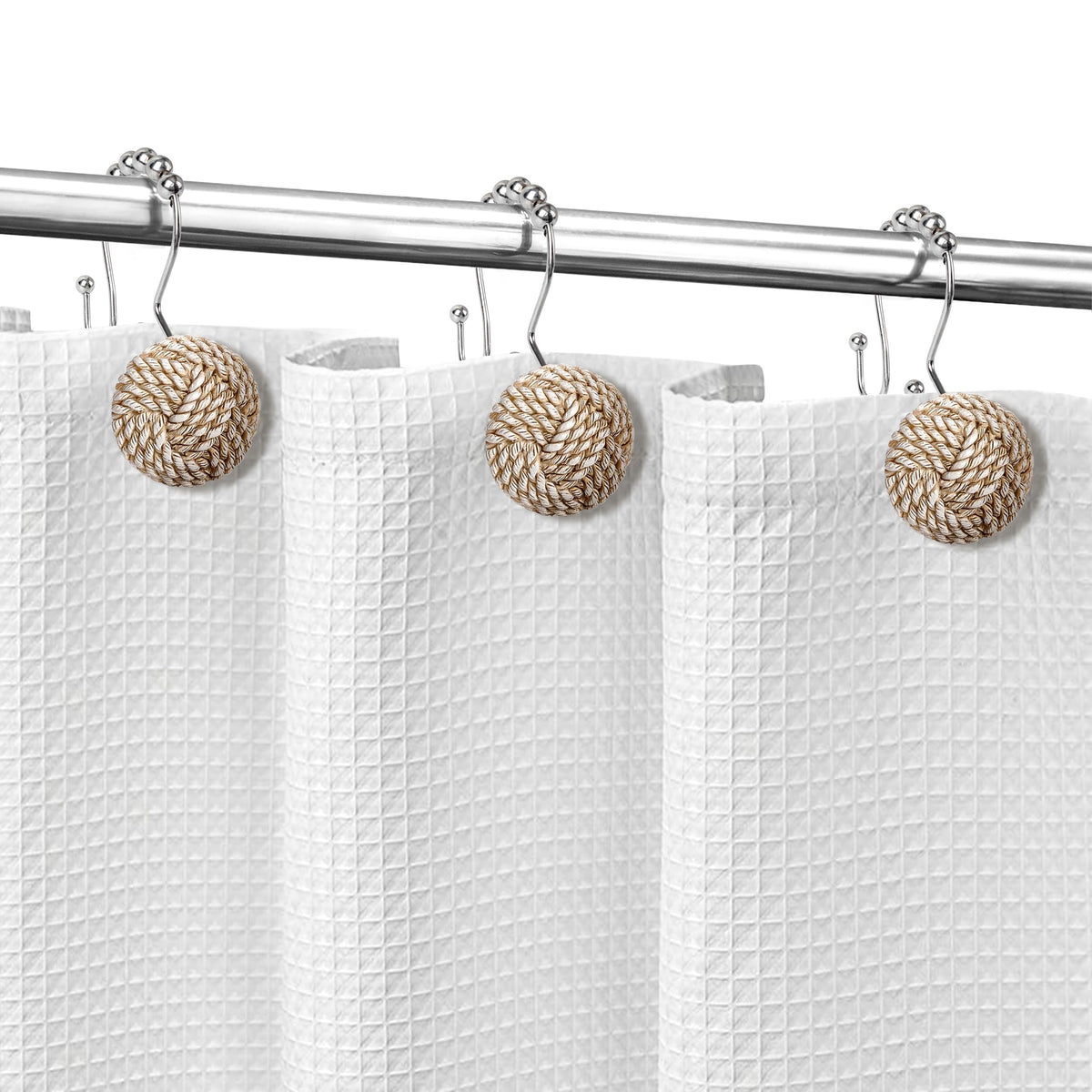 Sunlit Boho Knots Double Shower Curtain Hooks, Home Decorative White Shower Curtain Rings for Bathroom, Seaside Nautical Shower Curtain Hangers Bathroom Accessories, Set of 12