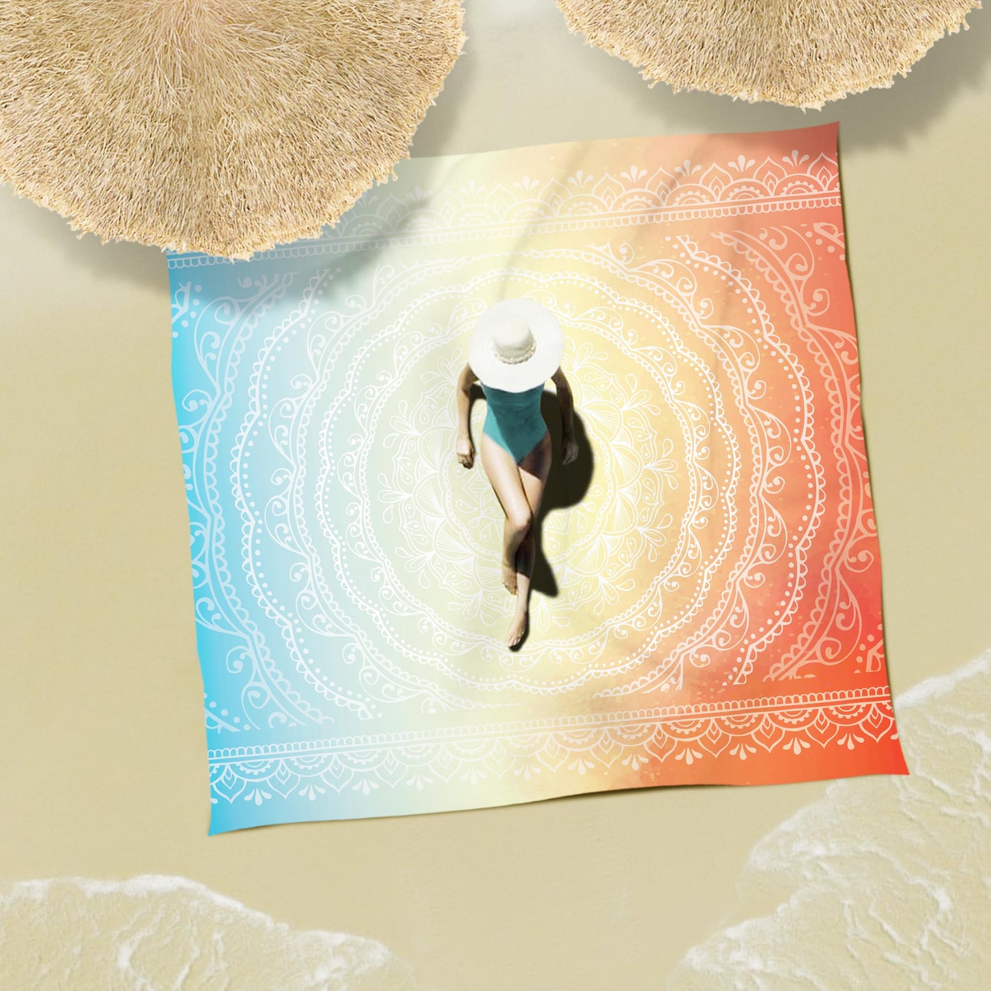 Sunlit Silky Soft Sand Proof Beach Blanket 106"x81" / 85"x72" Sand Proof Mat with Corner Pockets and Mesh Bag for Beach Party, Travel, Camping and Outdoor Music Festival, Mandala