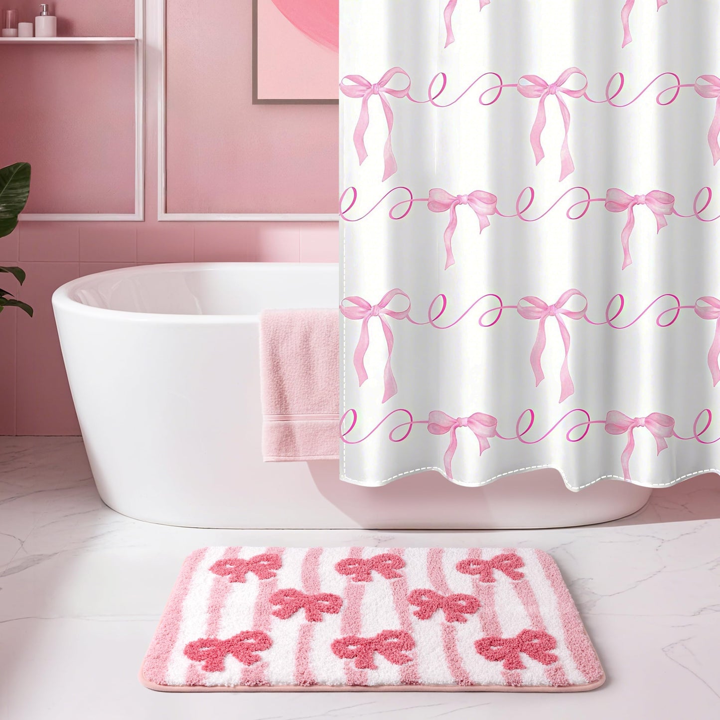 Sunlit Cute Bow Bathroom Rugs 32x20, Coquette Pink Bow Rug for Bedroom, Extra Soft Super Absorbent Bath Mat Quick Dry, Shaggy Bath Rug Non-Slip Washable Bathroom Floor Mat, Pink Stripe