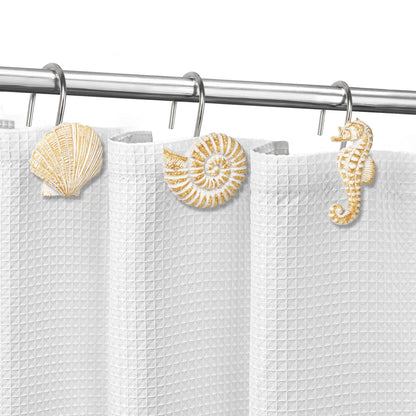 Sunlit Seashells Decorative Shower Curtain Hooks, Scallop Nautilus & Seahorse Shower Curtain Rings, Seashell Blush, Resin, Nautical Bathroom Decoration Beach Shower Curtain Hooks-12 Pack