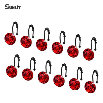 Sunlit Luxury Design Round Clear Diamond Crystal Gem Bling with Glide Balls Double Shower Curtain Hooks, Rust Proof Metal Rhinestones Glam Shower Curtain Rings-12 Pack