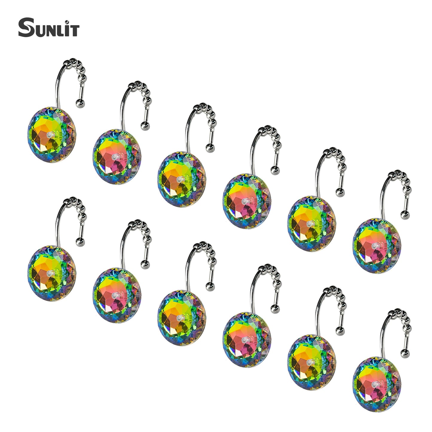 Sunlit Luxury Design Round Yellow Diamond Crystal Gem Bling with Glide Balls Shower Curtain Hooks, Rust Proof Metal Rhinestones Glam Shower Curtain Rings-12 Pack