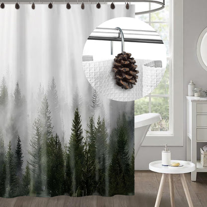 Sunlit Snowy Pinecone Shower Curtain Hooks Set of 12, Snow-Tipped Pine Cone Curtain Rings for Christmas Winter Bathroom Decor, Rustic Decorative Resin Bath Accessories