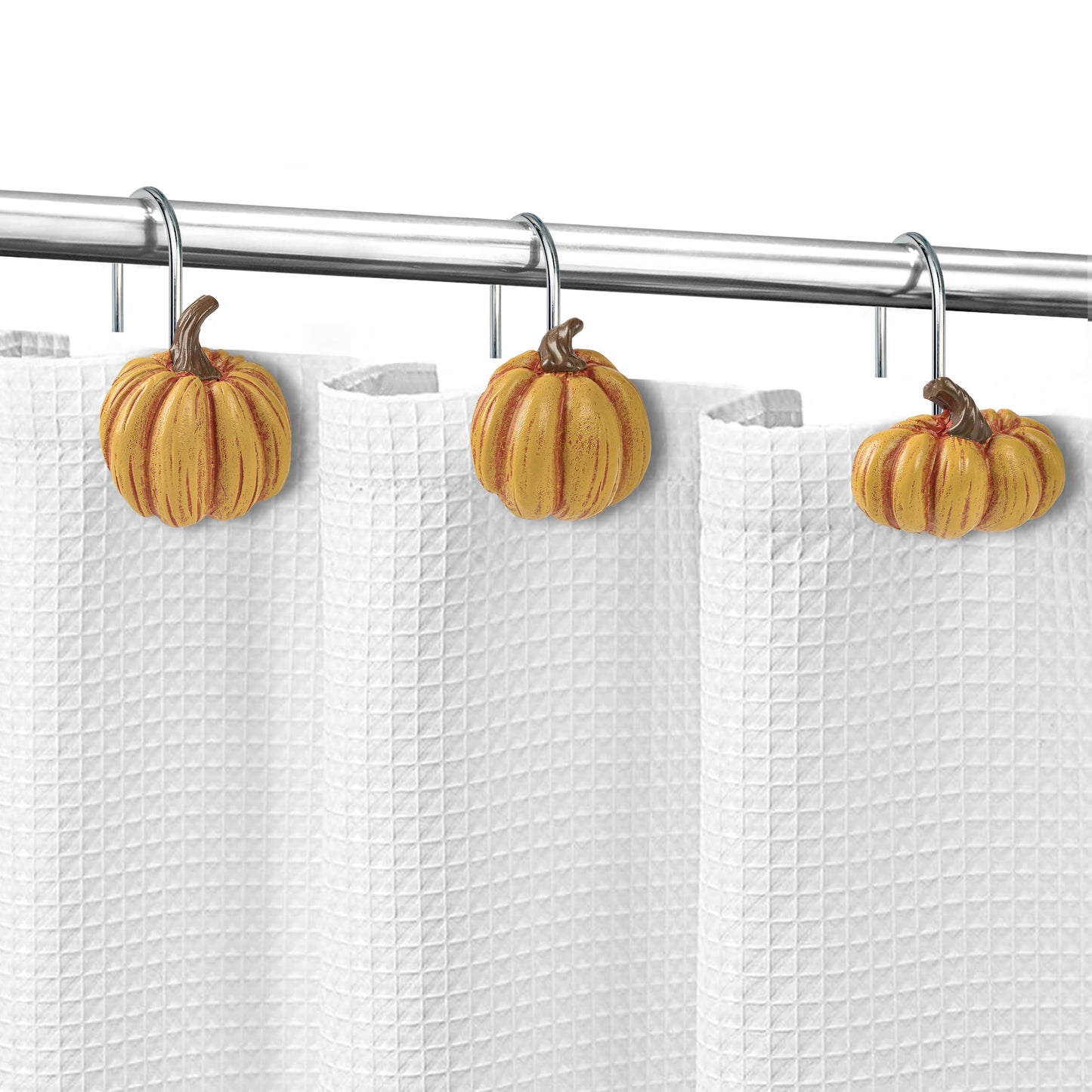 Sunlit Fall Pumpkin Decorative Shower Curtain Hooks, Autumn Harvest Festival Shower Curtain Rings, Resin, Orange Farmhouse Bathroom Curtain Hangers Decoration, Set of 12