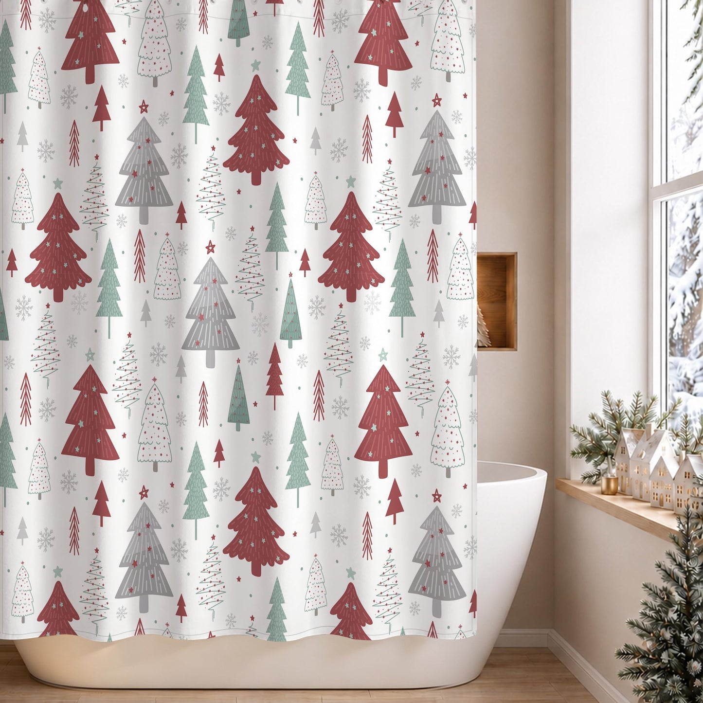 Sunlit Christmas Shower Curtain, Red and Gray Xmas Trees with Stars and Snow Pattern Shower Curtain for Bathroom Decor, 71x71 Inch