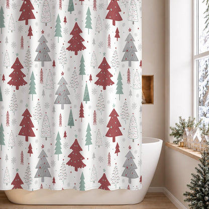 Sunlit Christmas Shower Curtain, Red and Gray Xmas Trees with Stars and Snow Pattern Shower Curtain for Bathroom Decor, 71x71 Inch