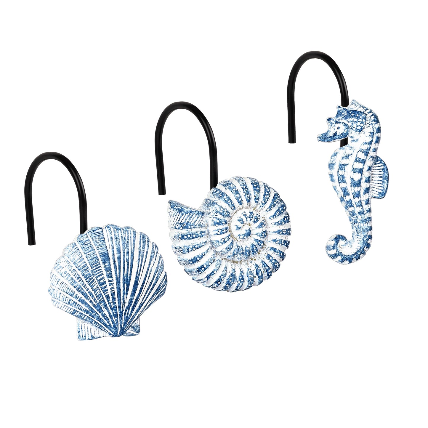 Sunlit Seashells Decorative Shower Curtain Hooks, Blue Ocean Creatures Coastal Shower Curtain Rings with Black Hooks, Resin, Nautical Bathroom Decoration Beach Shower Curtain Hooks, Set of 12