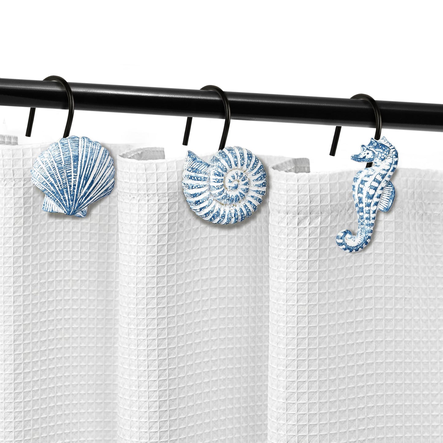 Sunlit Seashells Decorative Shower Curtain Hooks, Blue Ocean Creatures Coastal Shower Curtain Rings with Black Hooks, Resin, Nautical Bathroom Decoration Beach Shower Curtain Hooks, Set of 12