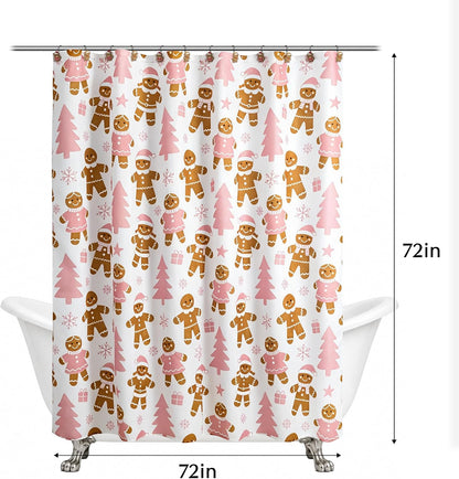 Sunlit Christmas Shower Curtain, Cute Gingerbread Men, Pink Christmas Trees and Gifts with Snowflake Accents, Whimsical Holiday Bathroom Decor, 72" x 72"