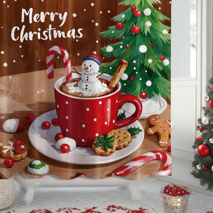 Sunlit Christmas Shower Curtain, Red Mug Hot Cocoa with Snowman Marshmallows and Gingerbread Cookies, Whimsical Holiday Scene Festive Bathroom Fabric Shower Curtain, Home Decor Tapestry, 72" x 72"