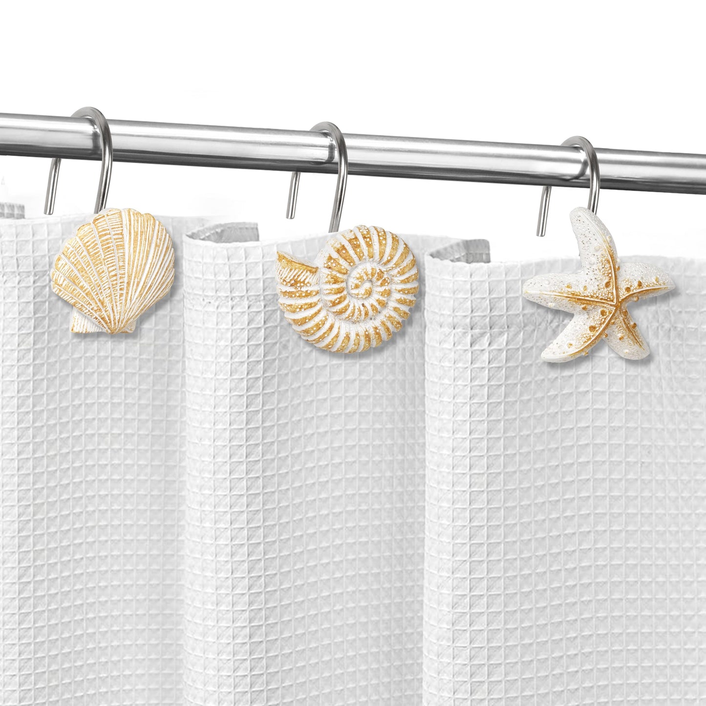 Sunlit Seashells Decorative Shower Curtain Hooks, Scallop Nautilus & Seahorse Shower Curtain Rings, Seashell Blush, Resin, Nautical Bathroom Decoration Beach Shower Curtain Hooks-12 Pack