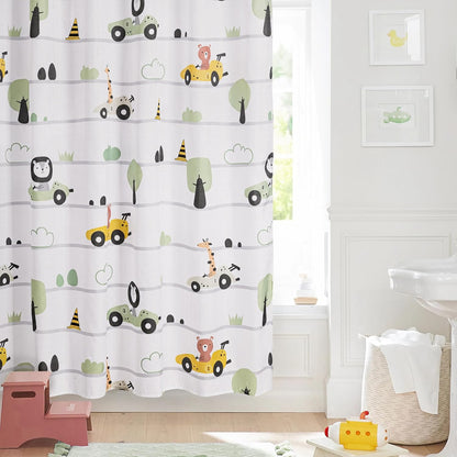 Sunlit Funny Car Race Fabric Kids Shower Curtain, Cute Cartoon Animal Drivers with Giraffe, Lion & Bear, Fun Road Trip Theme Bathroom Decor for Boys and Girls, 72 x 72 Inches, Sage Green